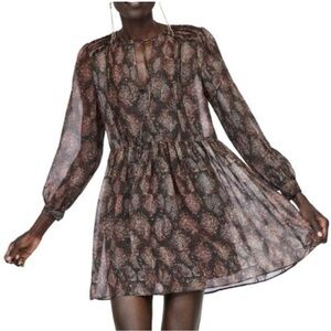 NWT Sandy & Sid Brown Snake Sheer tie front lg sleeve flowy baby doll dress SZ:S